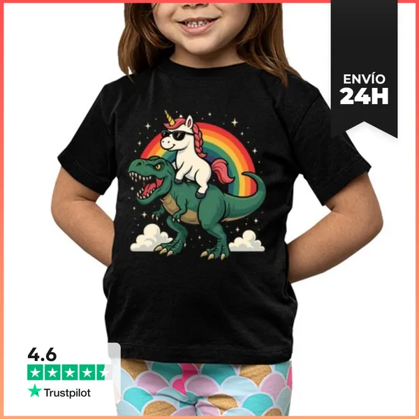 Camiseta Clásica Para Niños Unicornio En T Rex Con Arcoiris
