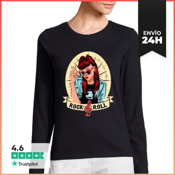 Camiseta Mujer Manga Larga Camiseta Rock Rock And Roll Retro Pin