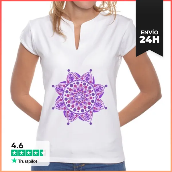 Camiseta Mujer Cuello Mao Camiseta Mandala Morado Mujer, Cuello