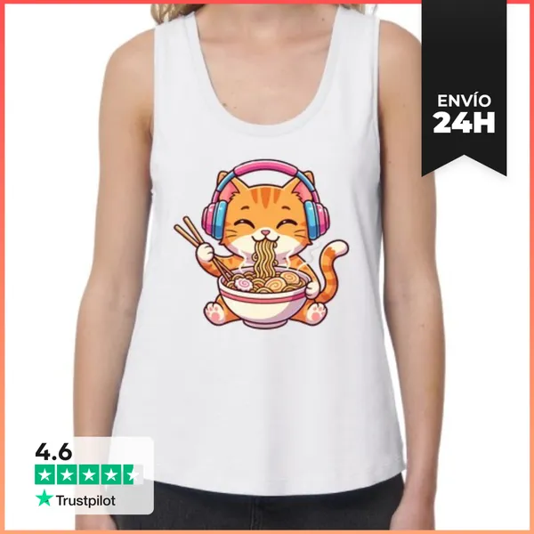 Camiseta Mujer Sin Mangas, Loose Fit Gato Kawaii Ramen Música