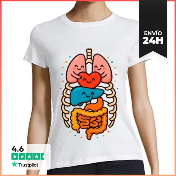 Camiseta Mujer Clásica Anatomia Humana Kawaii Organos Felices