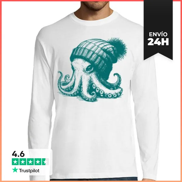 Camiseta Hombre Manga Larga PULPO CON GORRO DE LANA LaTostadora