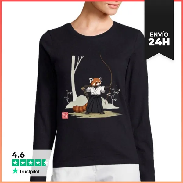 Camiseta Mujer Manga Larga Lindo Panda Rojo Samurái Arquero Kyudo
