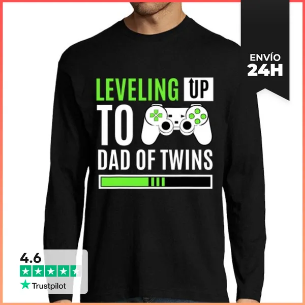 Camiseta Hombre Manga Larga Subiendo De Nivel A Papá De Gemelos