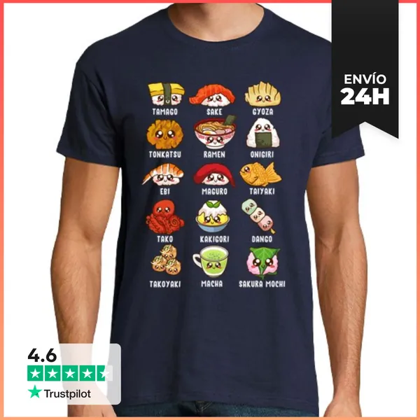 Camiseta Hombre Clásica Sushi Ramen Japonés Kawaii Anime Manga