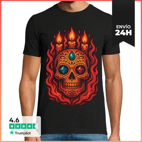 Camiseta Hombre Clásica Calavera Mexicana Con Velas Y Fuego
