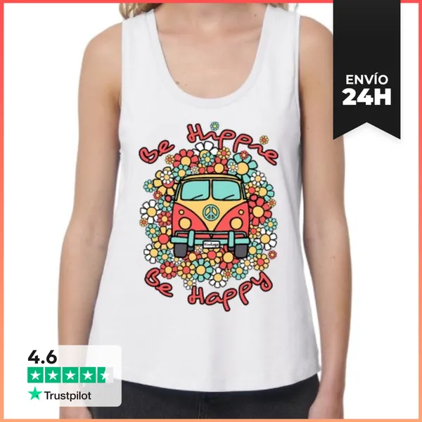 Camiseta Mujer Sin Mangas, Loose Fit Furgoneta Be Hippie Be Happy