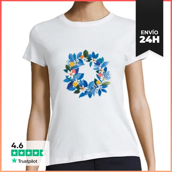 Camiseta Mujer Clásica Corona De Follaje Azul Y Cítricos