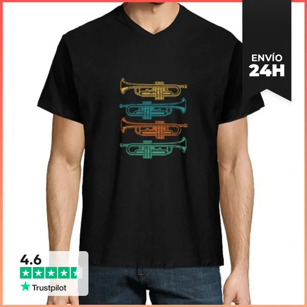 Camiseta Hombre, Cuello Pico Trompeta Retro Vintage Trompetas