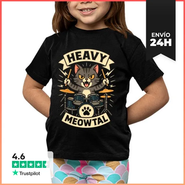 Camiseta Clásica Para Niños Heavy Meowtal Gato Música Hard Rock