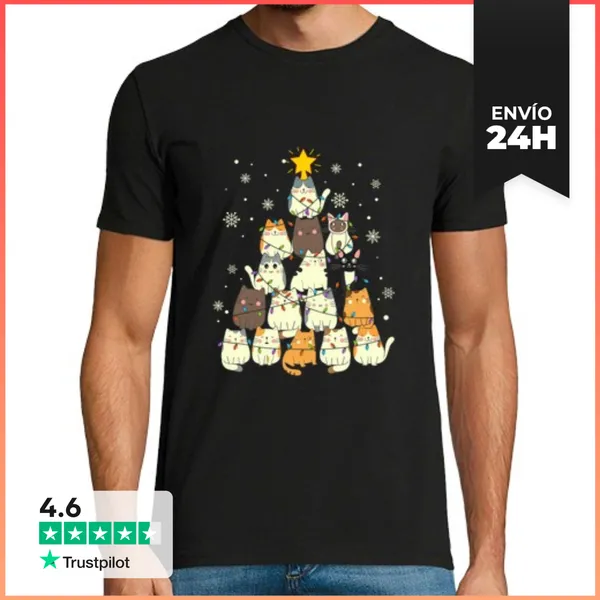 Camiseta Hombre Clásica Regalos De Navidad Divertidos Gato Árbo