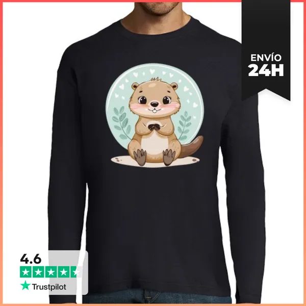 Camiseta Hombre Manga Larga Nutria Kawaii LaTostadora