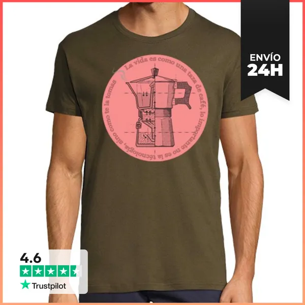 Camiseta Hombre Clásica Cafetera Fondo Coral. Hombre, Manga