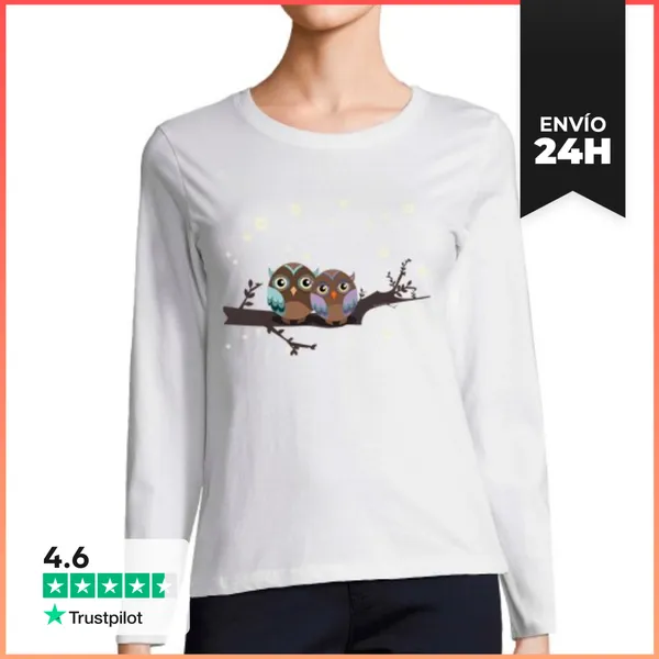 Camiseta Mujer Manga Larga Búhos Enamorados Kawaii LaTostadora