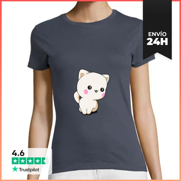Camiseta Mujer Clásica Camiseta Gatito Gracioso Mujer Chibi