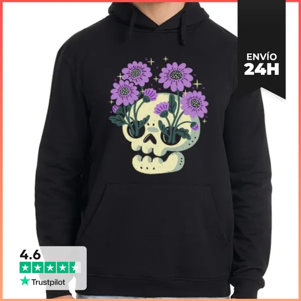 Sudadera Unisex Con Capucha Calavera Con Flores Moradas