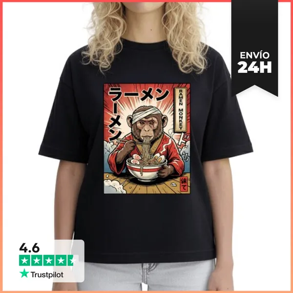 Camiseta Mujer Boxy Mono Comiendo Ramen De Pop Art Japonés