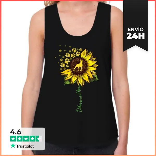Camiseta Mujer Sin Mangas, Loose Fit Mamá Doberman Girasol