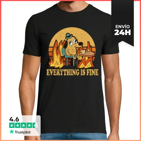 Camiseta Hombre Clásica Todo Está Bien Perro Bebiendo Café Quem