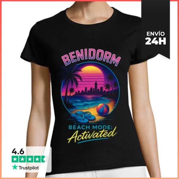 Camiseta Mujer Clásica Benidorm Beach Mode Playa Retro Verano