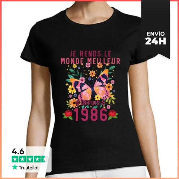 Camiseta Mujer Clásica 40 Años 1986 Flor Regalo Cumpleaños