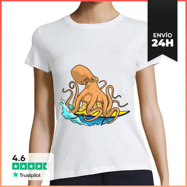 Camiseta Mujer Clásica Pulpo Surfista Tabla De Surf Verano