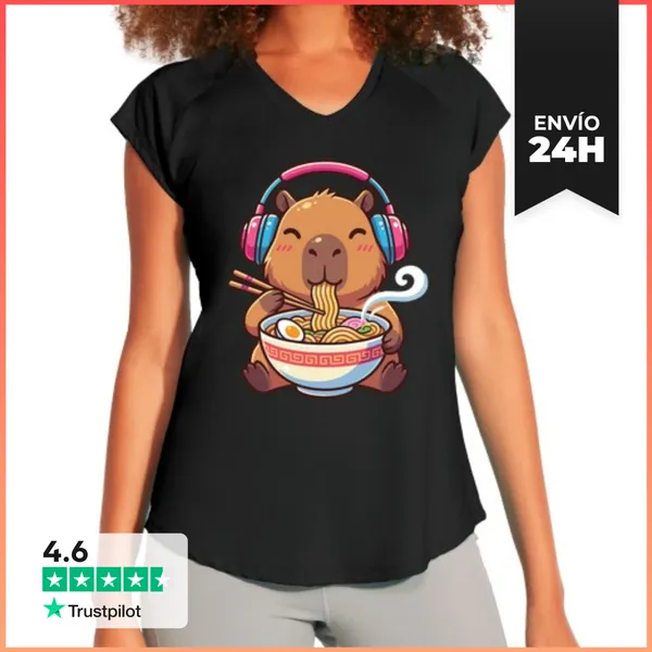 Camiseta Deportiva Mujer Kawaii Capibara Ramen Música LaTostadora
