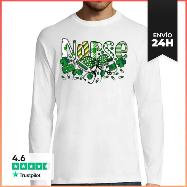 Camiseta Hombre Manga Larga Enfermera Irlandesa Con Estetoscopio