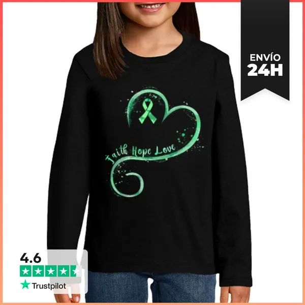 Camiseta Manga Larga Para Niños Fe Esperanza Amor Cinta Verde