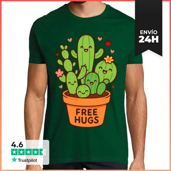 Camiseta Hombre Clásica Cactus Abrazos Gratis Free Hugs Kawaii