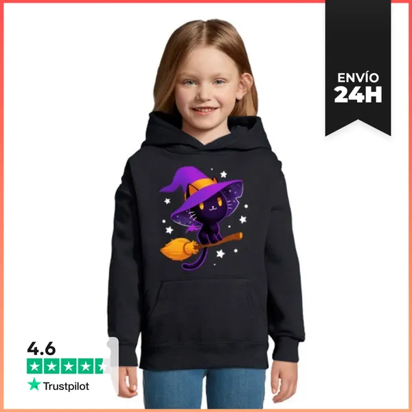 Sudadera Para Niños Con Capucha Black Witch Cat - Magical Kitty