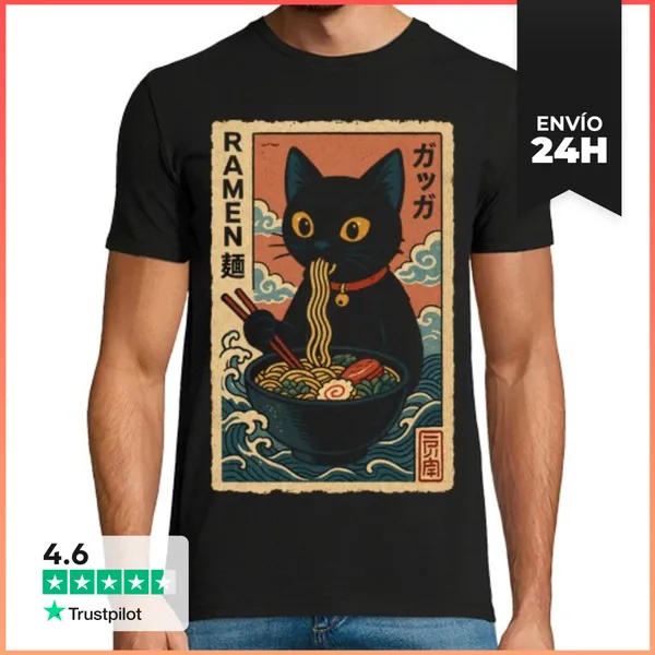 Camiseta Hombre Clásica Gato Come Ramen Anime Ola Kanagawa