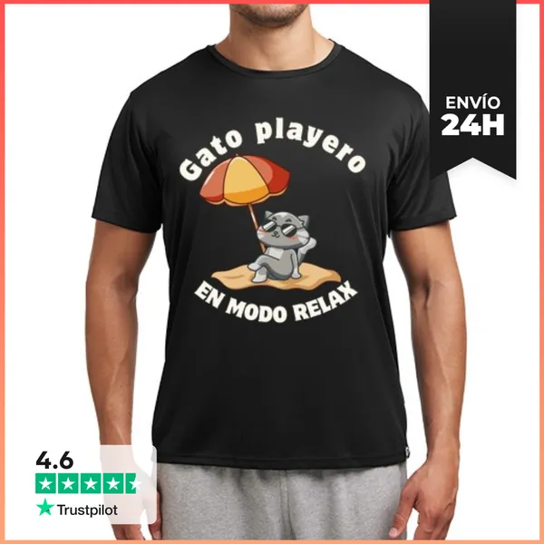 Camiseta Deportiva Hombre Gato Playero En Modo Relax LaTostadora