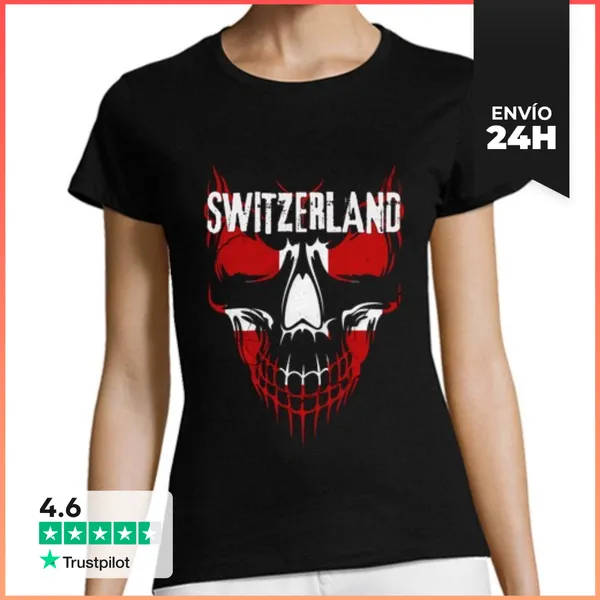 Camiseta Mujer Clásica Calavera Suiza, Bandera Suiza Grunge
