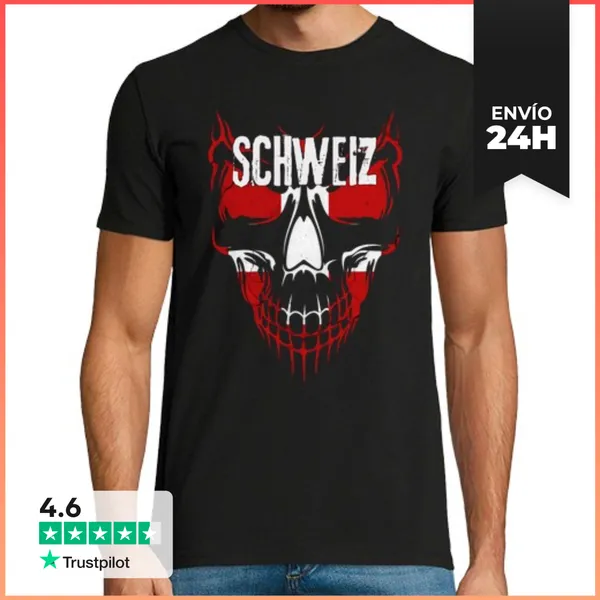 Camiseta Hombre Clásica Calavera Suiza, Bandera Suiza Grunge