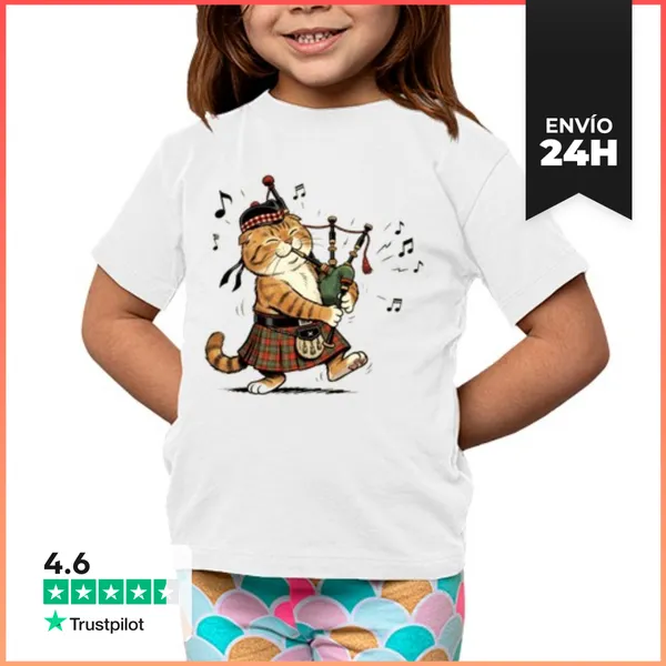 Camiseta Clásica Para Niños Gato Escocés Que Toca La Gaita