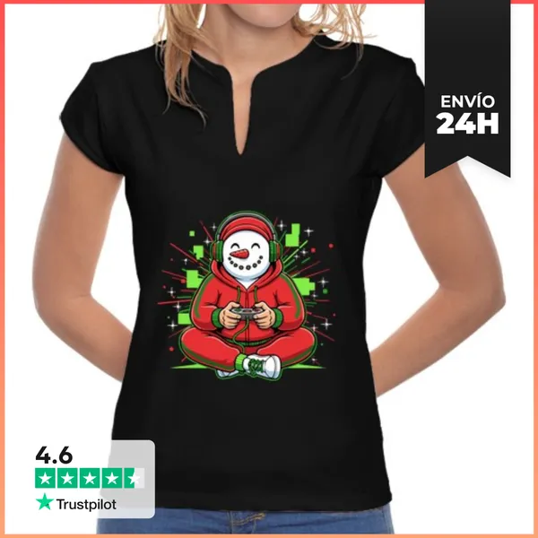 Camiseta Mujer Cuello Mao Muñeco De Nieve Gamer Navidad Invierno