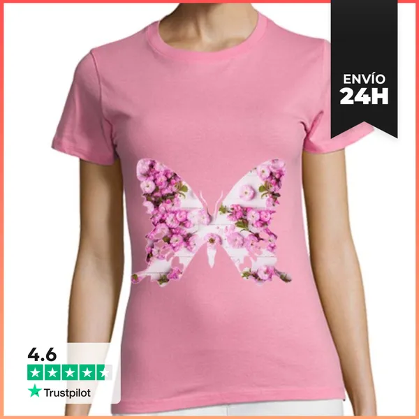 Camiseta Mujer Clásica Mariposa Rosa, Flores Mujer, Manga Corta,