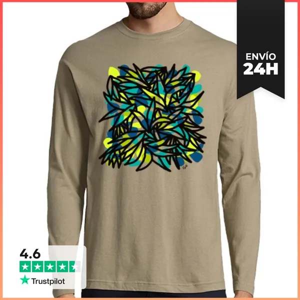 Camiseta Hombre Manga Larga Planta Suculenta Negra Verde Y Azul
