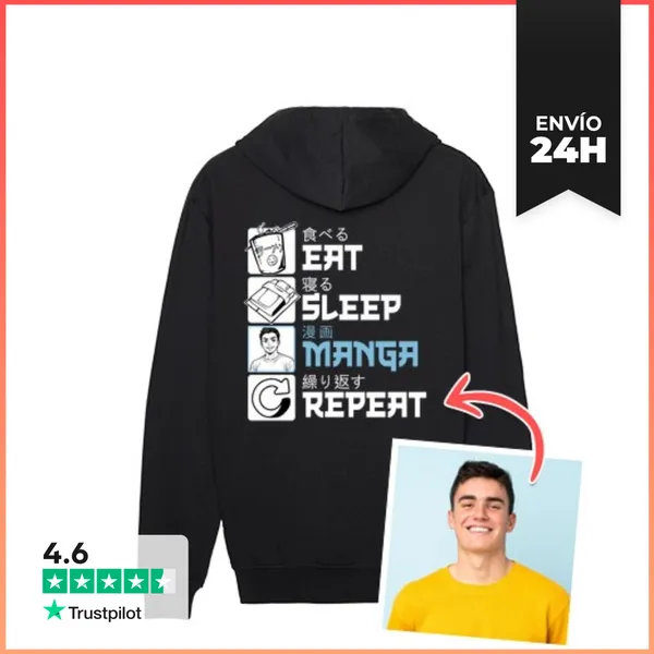 Sudadera Unisex Con Capucha Efecto Manga Sudadera Eat Sleep Manga