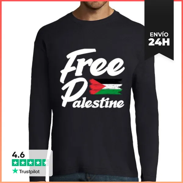 Camiseta Hombre Manga Larga Palestina Libre Con Bandera Vintage