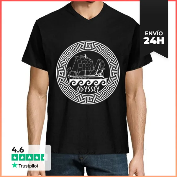 Camiseta Hombre, Cuello Pico Símbolo De Barco Griego Blanco