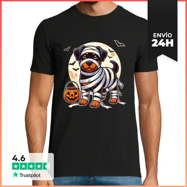 Camiseta Hombre Clásica Momia Rottweiler Halloween Linda