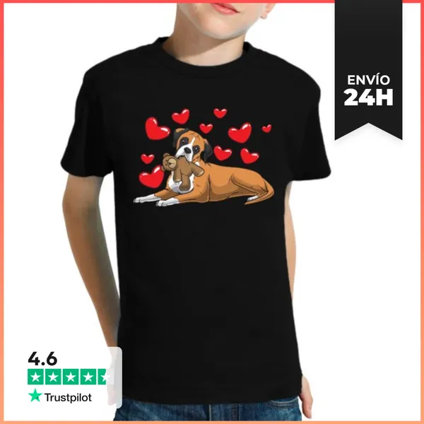 Camiseta Clásica Para Niños Perro Boxer Con Peluche Y Corazones