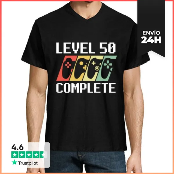Camiseta Hombre, Cuello Pico Nivel 50 Completa 40 Cumpleaños