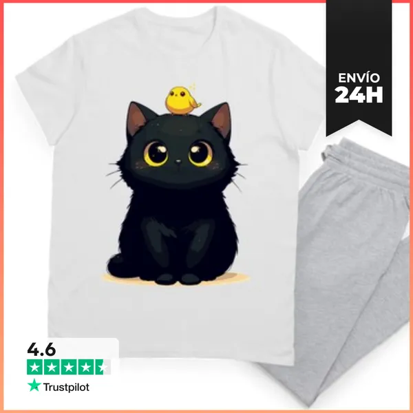 Pijama Lindo Gato Negro Y Pájaro Amarillo LaTostadora