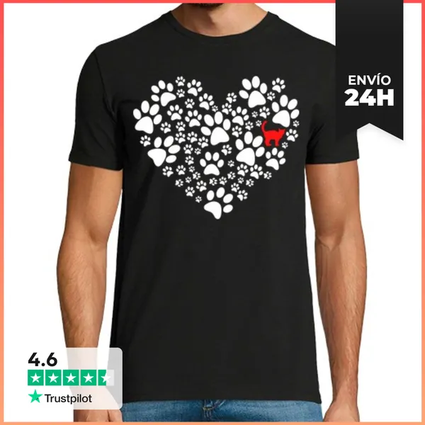 Camiseta Hombre Clásica Gato Rojo En Un Corazón De Patas