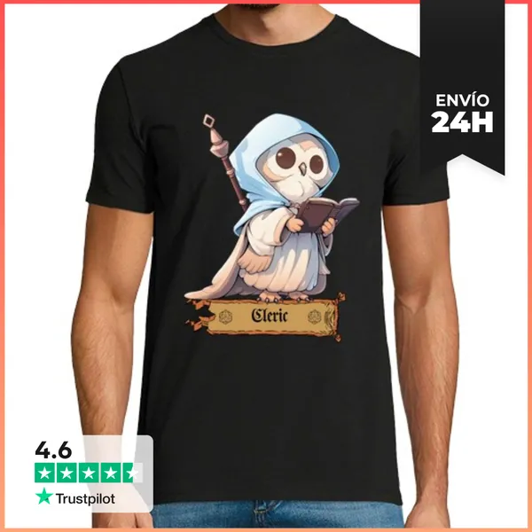 Camiseta Hombre Clásica Sabio Búho Clérigo Magia Sabiduría Rpg