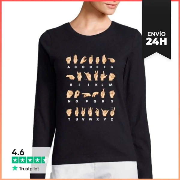 Camiseta Mujer Manga Larga Lenguaje De Señas Asl Alfabeto Sordo