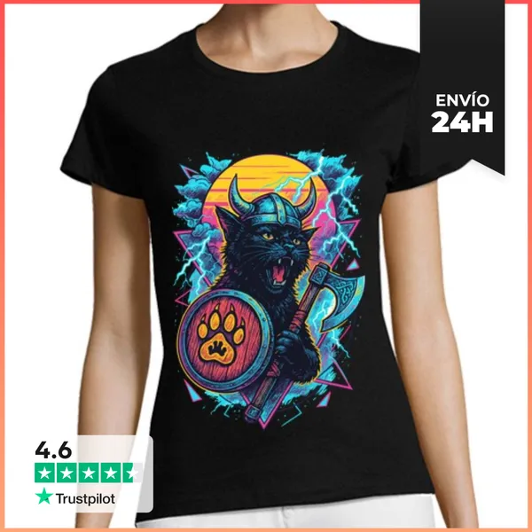 Camiseta Mujer Clásica Gato Negro Vikingo Valhalla Nórdico Ret